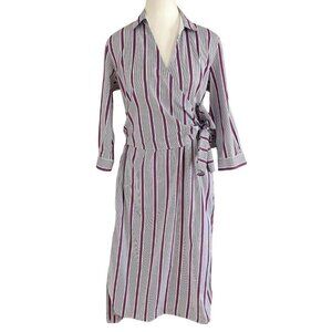 LE SARTE PETTEGOLE 100% COTTON WHITE BLUE RED STRIPED WRAP SHIRT DRESS - XS (40)
